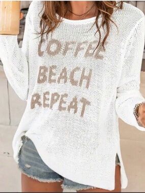 White 'Coffee Beach Repeat' Lightweight Knit Sweater